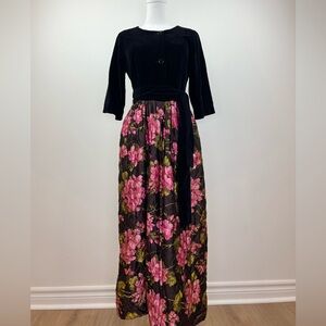 Vintage 1950s Quilted Dorsay Black Velvet Floral Dress Made in Canada